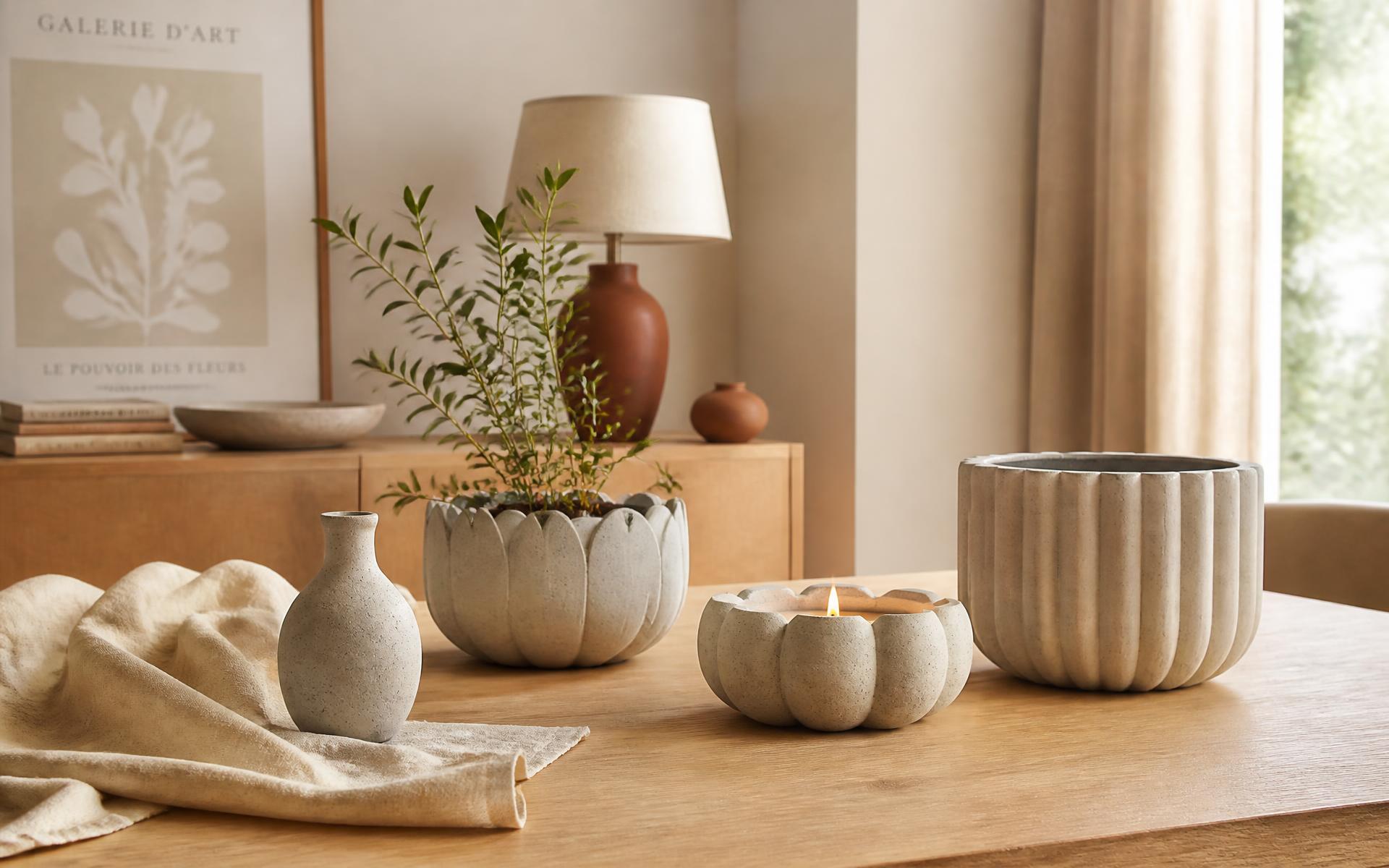 Piezas decorativas artesanales de cemento sobre una mesa de madera clara en un hogar cálido con luz natural
